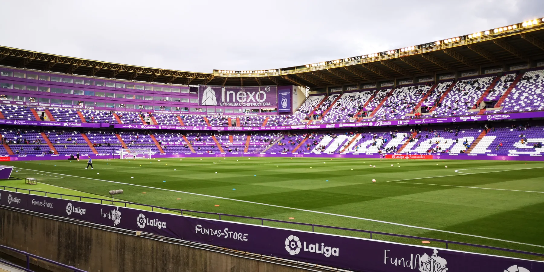 The pitch and purple stands inside Estadio José Zorrilla in Valladolid