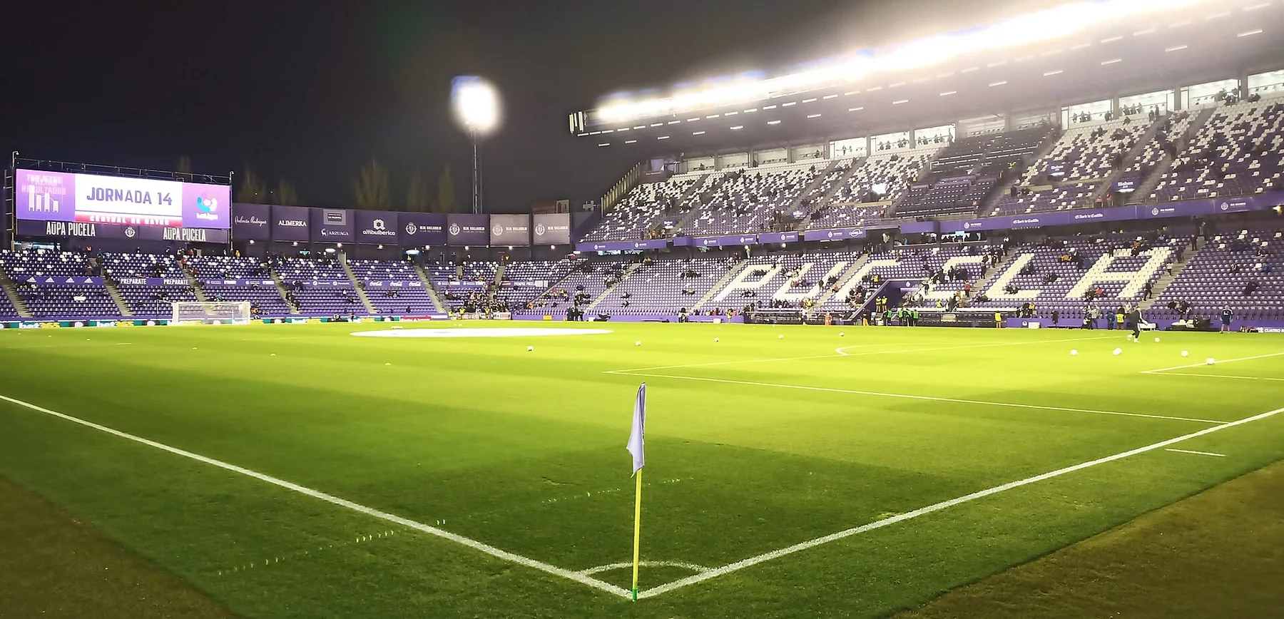 The pitch and purple stands at Real Valladolid's José Zorrilla stadium