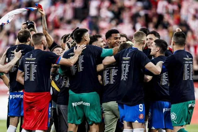 Girona players celebrate their historic Champions League qualification in 2023/24