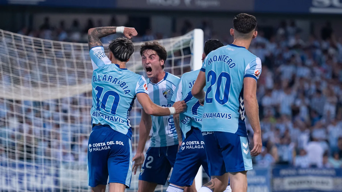 Málaga and Las Palmas players during the 2026 Spanish promotion playoff
