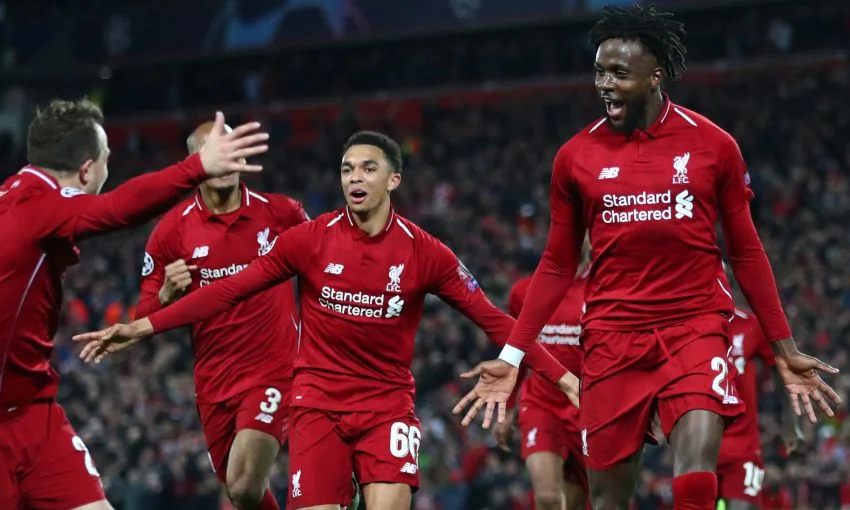 Liverpool and Barcelona players during their 2019 Champions League semifinal at Anfield